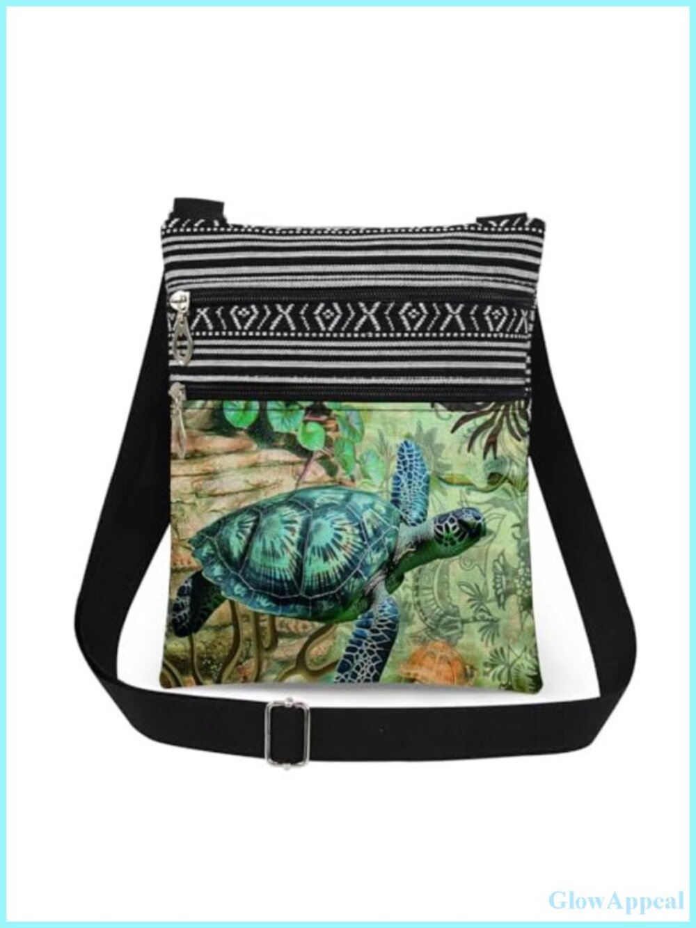 Polyester Sea Turtle Crossbody Bag Adjustable Strap Double Zip Purse